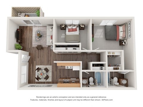 Floor plan for 2 beds, 2 baths, 846 sqft
